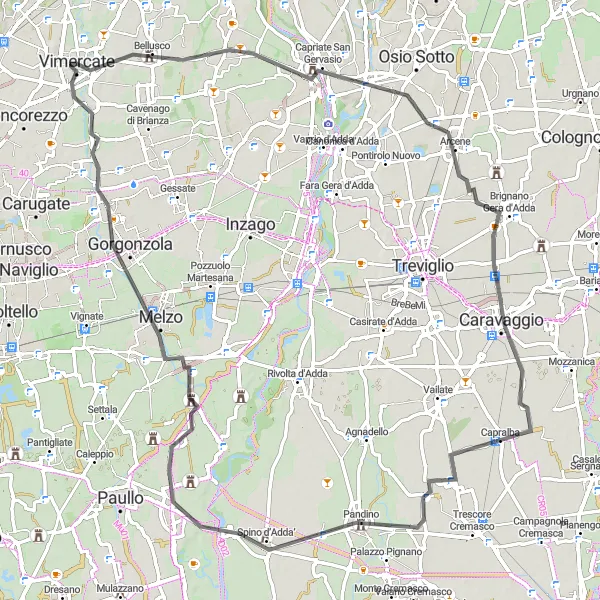 Miniatura della mappa di ispirazione al ciclismo "Giro in bicicletta da Trezzo sull'Adda a Vimercate" nella regione di Lombardia, Italy. Generata da Tarmacs.app, pianificatore di rotte ciclistiche