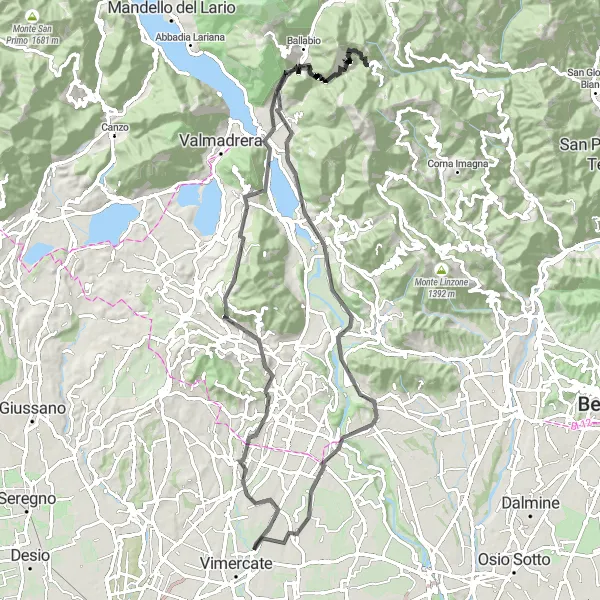 Miniatua del mapa de inspiración ciclista "Ruta de Ciclismo de Carretera por Colle Brianza y Monte Crocione" en Lombardia, Italy. Generado por Tarmacs.app planificador de rutas ciclistas