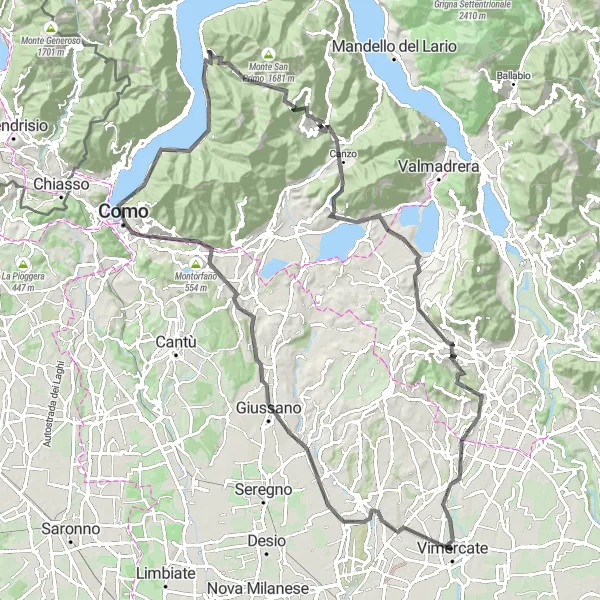 Karten-Miniaturansicht der Radinspiration "Herausfordernde Route um Como" in Lombardia, Italy. Erstellt vom Tarmacs.app-Routenplaner für Radtouren