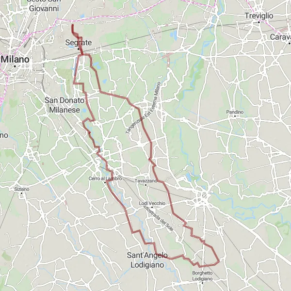 Map miniature of "Gravel Loop to Melegnano" cycling inspiration in Lombardia, Italy. Generated by Tarmacs.app cycling route planner