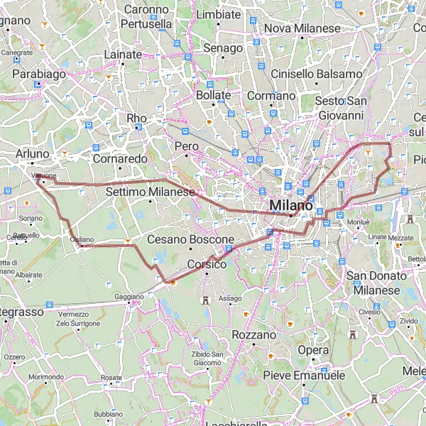 Miniaturní mapa "Gravel cyklostezka Branca Tower - Settimo Milanese - Sedriano - Buccinasco - Cappella Portinari" inspirace pro cyklisty v oblasti Lombardia, Italy. Vytvořeno pomocí plánovače tras Tarmacs.app