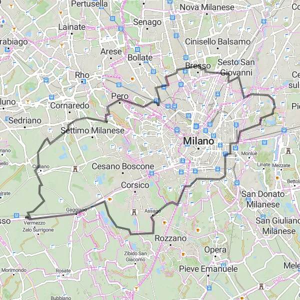 Miniatua del mapa de inspiración ciclista "Ruta por carretera a través de los municipios cercanos a Vimodrone" en Lombardia, Italy. Generado por Tarmacs.app planificador de rutas ciclistas