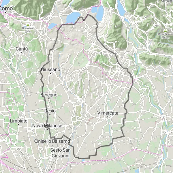 Map miniature of "Vimodrone - Distinct Hilltowns Loop" cycling inspiration in Lombardia, Italy. Generated by Tarmacs.app cycling route planner