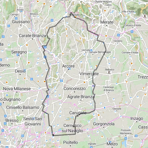 Mapa miniatúra "Z Monzy do Vimodrone" cyklistická inšpirácia v Lombardia, Italy. Vygenerované cyklistickým plánovačom trás Tarmacs.app