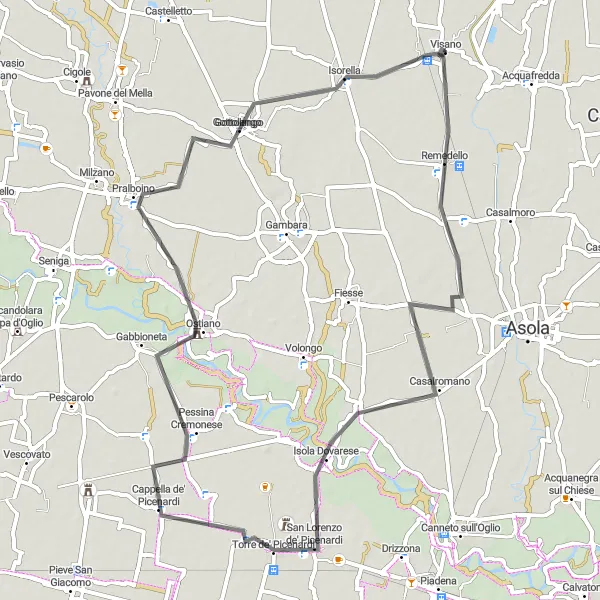 Mapa miniatúra "Cyklotrasa okolo Remedella" cyklistická inšpirácia v Lombardia, Italy. Vygenerované cyklistickým plánovačom trás Tarmacs.app