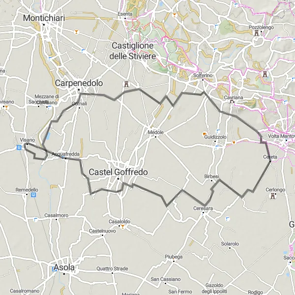 Map miniature of "Scenic Road Ride near Visano" cycling inspiration in Lombardia, Italy. Generated by Tarmacs.app cycling route planner