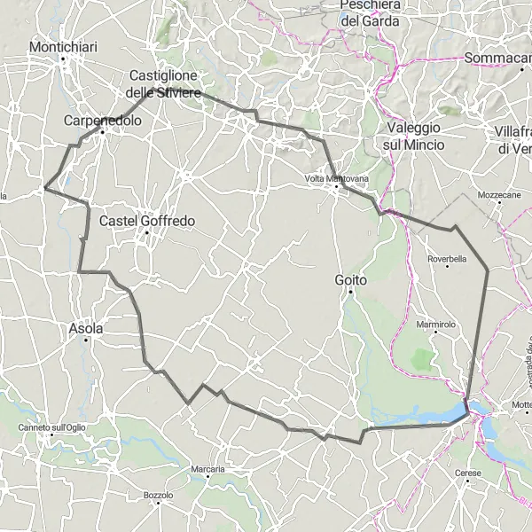 Map miniature of "Road Cycling Adventure near Visano" cycling inspiration in Lombardia, Italy. Generated by Tarmacs.app cycling route planner