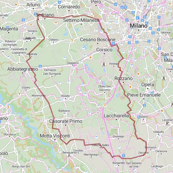 Miniatura della mappa di ispirazione al ciclismo "Il Giro di Bareggio, Rozzano e Castelletto" nella regione di Lombardia, Italy. Generata da Tarmacs.app, pianificatore di rotte ciclistiche