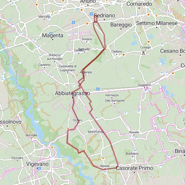Zemljevid v pomanjšavi "Gravelni krog blizu Vittuone" kolesarske inspiracije v Lombardia, Italy. Generirano z načrtovalcem kolesarskih poti Tarmacs.app