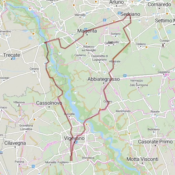Miniaturní mapa "Gravelová cyklotrasa okolo Vittuone" inspirace pro cyklisty v oblasti Lombardia, Italy. Vytvořeno pomocí plánovače tras Tarmacs.app