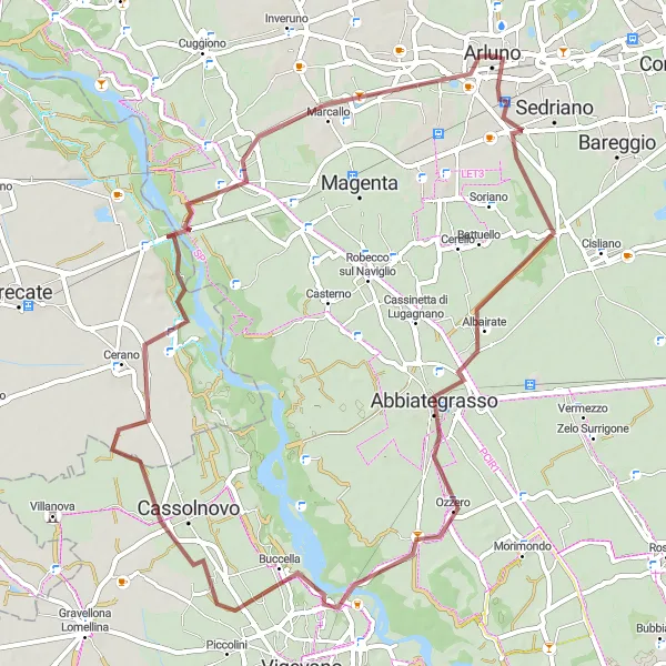 Miniatuurkaart van de fietsinspiratie "Gravelavontuur van Vittuone naar Arluno" in Lombardia, Italy. Gemaakt door de Tarmacs.app fietsrouteplanner