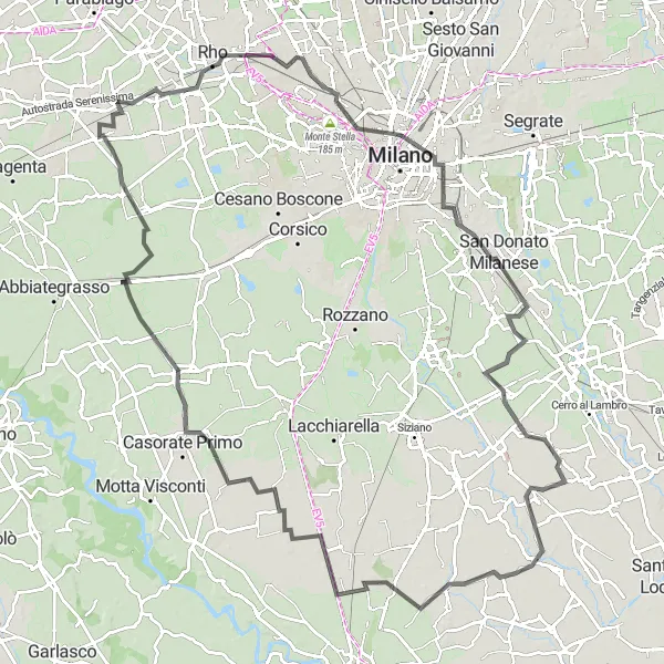 Map miniature of "The Milanese Countryside" cycling inspiration in Lombardia, Italy. Generated by Tarmacs.app cycling route planner