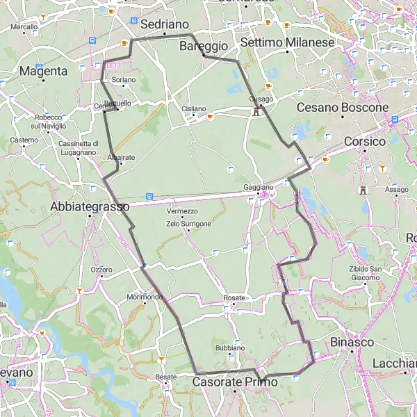 Map miniature of "Through Sedriano and beyond" cycling inspiration in Lombardia, Italy. Generated by Tarmacs.app cycling route planner