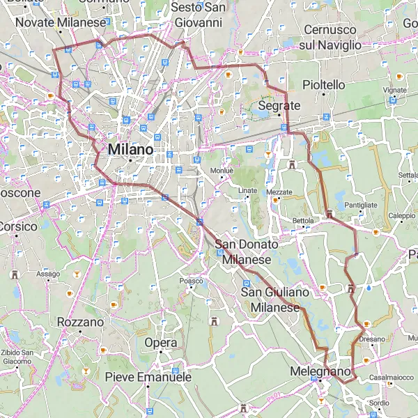 Map miniature of "San Giuliano Milanese and Dresano Excursion" cycling inspiration in Lombardia, Italy. Generated by Tarmacs.app cycling route planner