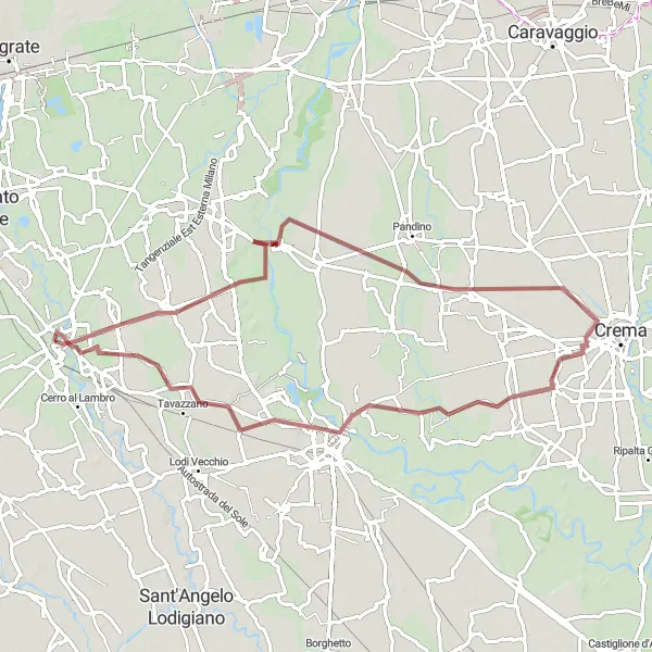 Miniatuurkaart van de fietsinspiratie "Gravelroute van Mulazzano naar Chieve en Lodi" in Lombardia, Italy. Gemaakt door de Tarmacs.app fietsrouteplanner