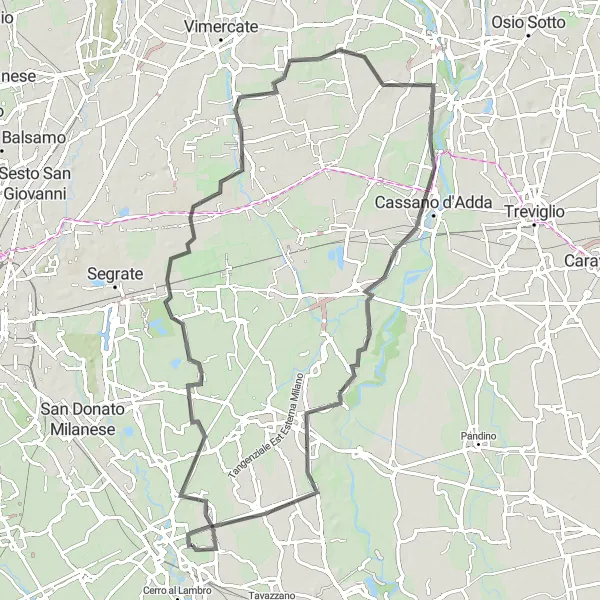 Map miniature of "Colturano and Cassano d'Adda Circuit" cycling inspiration in Lombardia, Italy. Generated by Tarmacs.app cycling route planner