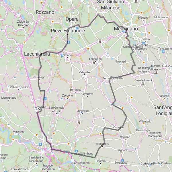 Miniatua del mapa de inspiración ciclista "Ruta de ciclismo de carretera a Pieve Emanuele" en Lombardia, Italy. Generado por Tarmacs.app planificador de rutas ciclistas