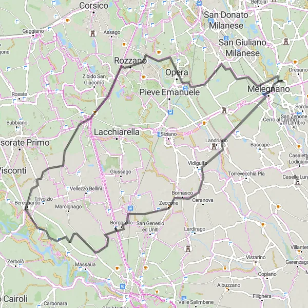 Mapa miniatúra "Okruh cez Melegnano a Binasco" cyklistická inšpirácia v Lombardia, Italy. Vygenerované cyklistickým plánovačom trás Tarmacs.app