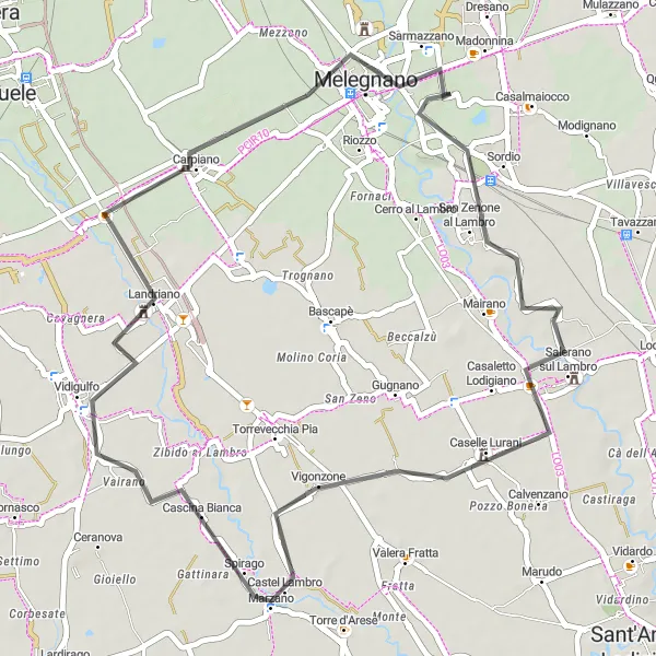 Miniatura della mappa di ispirazione al ciclismo "Tra Caselle Lurani e Vizzolo Predabissi" nella regione di Lombardia, Italy. Generata da Tarmacs.app, pianificatore di rotte ciclistiche
