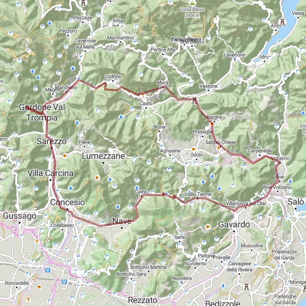 Miniatura della mappa di ispirazione al ciclismo "Avventura in Gravel tra Villanuova sul Clisi e Monte Cingolo" nella regione di Lombardia, Italy. Generata da Tarmacs.app, pianificatore di rotte ciclistiche