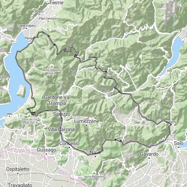 Zemljevid v pomanjšavi "Cestna Dogodivščina do Monte Paina in Barghe" kolesarske inspiracije v Lombardia, Italy. Generirano z načrtovalcem kolesarskih poti Tarmacs.app