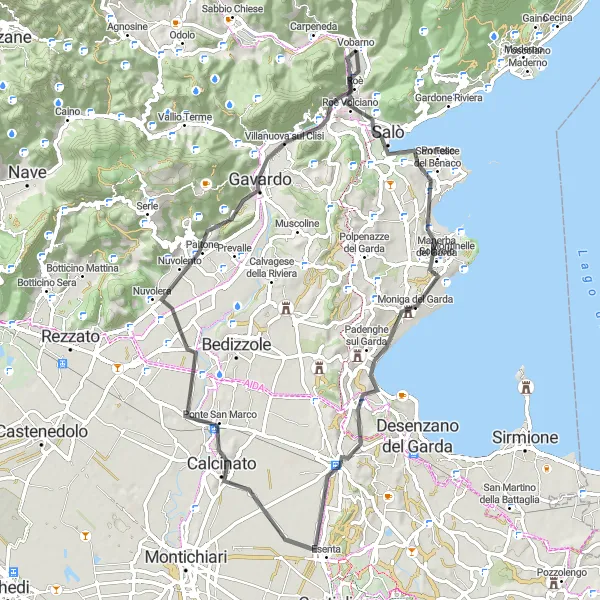 Miniatura della mappa di ispirazione al ciclismo "Circuito in Road da Salò a Roè" nella regione di Lombardia, Italy. Generata da Tarmacs.app, pianificatore di rotte ciclistiche