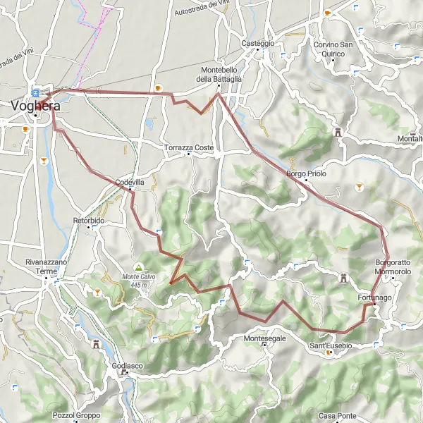 Karttaminiaatyyri "Gravel Tour ympäri Borgo Priolo" pyöräilyinspiraatiosta alueella Lombardia, Italy. Luotu Tarmacs.app pyöräilyreittisuunnittelijalla