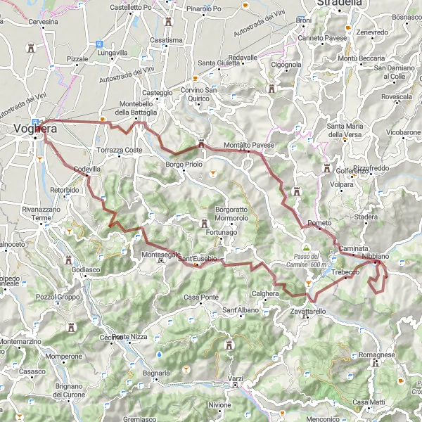 Miniatua del mapa de inspiración ciclista "Ruta de grava de Voghera a Codevilla" en Lombardia, Italy. Generado por Tarmacs.app planificador de rutas ciclistas