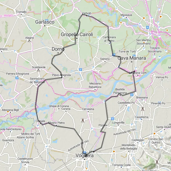 Miniaturní mapa "Okruh Voghera - Pizzale" inspirace pro cyklisty v oblasti Lombardia, Italy. Vytvořeno pomocí plánovače tras Tarmacs.app