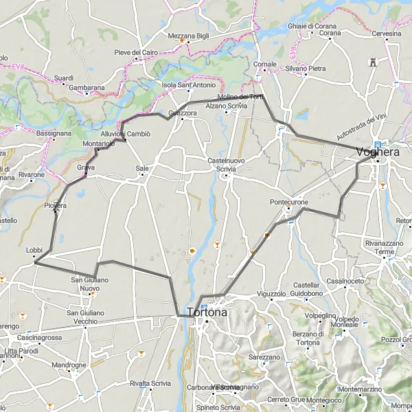 Zemljevid v pomanjšavi "Raziskovanje okolice Voghere" kolesarske inspiracije v Lombardia, Italy. Generirano z načrtovalcem kolesarskih poti Tarmacs.app