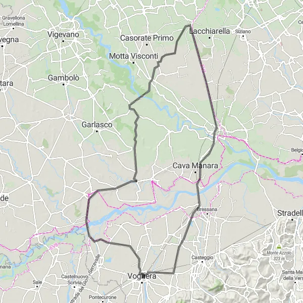Kartminiatyr av "Voghera til Lungavilla" sykkelinspirasjon i Lombardia, Italy. Generert av Tarmacs.app sykkelrutoplanlegger