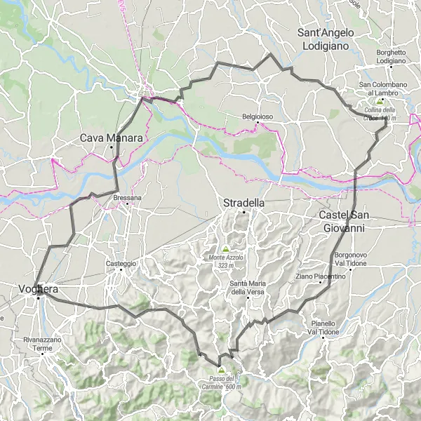 Kartminiatyr av "Langtur fra Voghera til Castello Visconteo" sykkelinspirasjon i Lombardia, Italy. Generert av Tarmacs.app sykkelrutoplanlegger