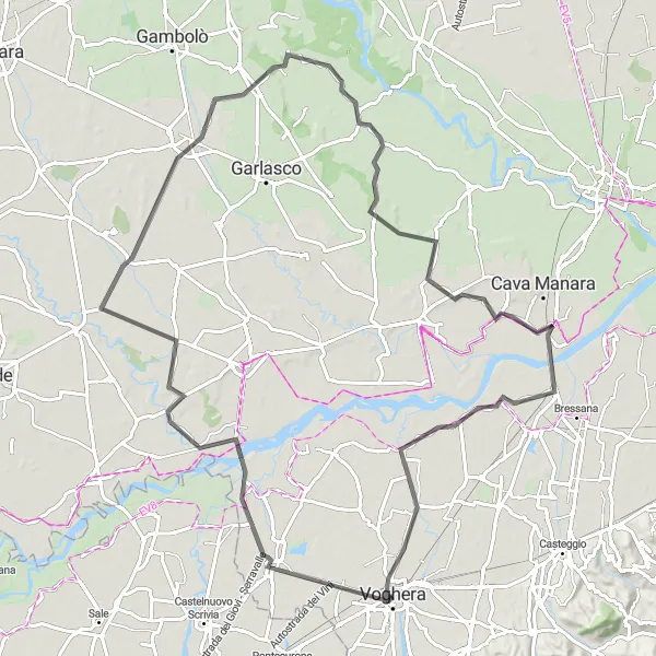 Miniaturní mapa "Okružní jízda kolem Gropello Cairoli a Pancarana" inspirace pro cyklisty v oblasti Lombardia, Italy. Vytvořeno pomocí plánovače tras Tarmacs.app