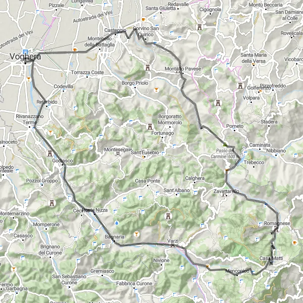 Miniaturekort af cykelinspirationen "En Udfordrende Landevejscykelrute nær Voghera" i Lombardia, Italy. Genereret af Tarmacs.app cykelruteplanlægger