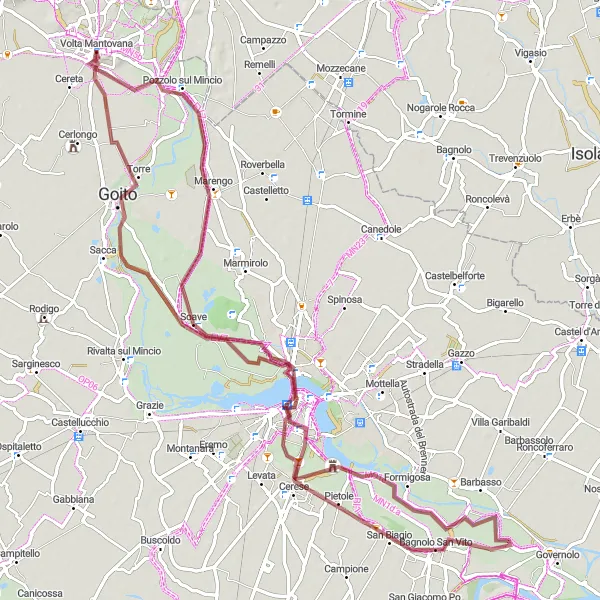 Miniatura della mappa di ispirazione al ciclismo "Tour Gravel tra Volta Mantovana e Monteforte d'Alpone" nella regione di Lombardia, Italy. Generata da Tarmacs.app, pianificatore di rotte ciclistiche