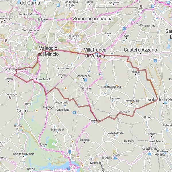 Zemljevid v pomanjšavi "Gravel pot do Valeggio sul Mincio" kolesarske inspiracije v Lombardia, Italy. Generirano z načrtovalcem kolesarskih poti Tarmacs.app