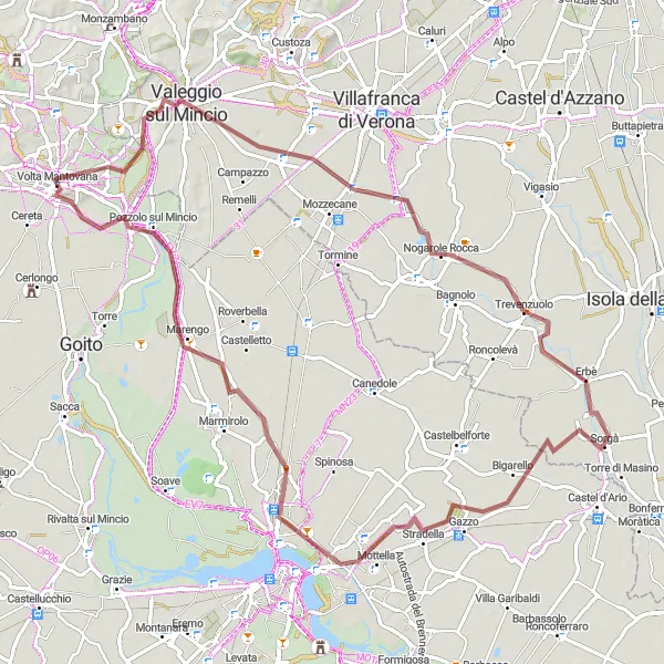 Miniatura della mappa di ispirazione al ciclismo "Escursione Gravel tra Volta Mantovana e Gazzo" nella regione di Lombardia, Italy. Generata da Tarmacs.app, pianificatore di rotte ciclistiche