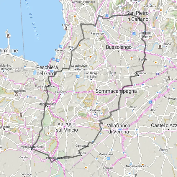 Mapa miniatúra "Trasa okolo Volta Mantovana - Road Bike Route" cyklistická inšpirácia v Lombardia, Italy. Vygenerované cyklistickým plánovačom trás Tarmacs.app