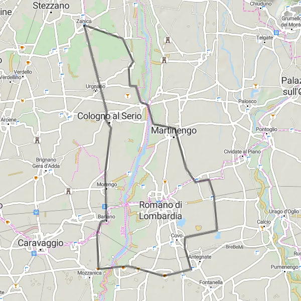 Map miniature of "Martinengo Loop" cycling inspiration in Lombardia, Italy. Generated by Tarmacs.app cycling route planner