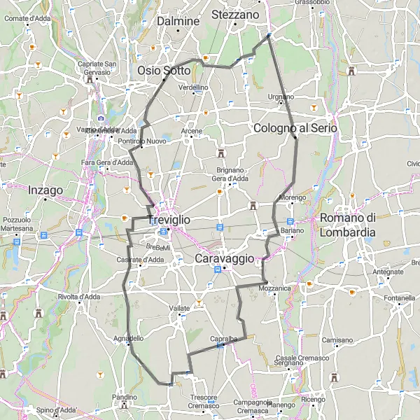 Miniature de la carte de l'inspiration cycliste "Itinéraire pittoresque de Cologno al Serio à Pontirolo Nuovo" dans la Lombardia, Italy. Générée par le planificateur d'itinéraire cycliste Tarmacs.app