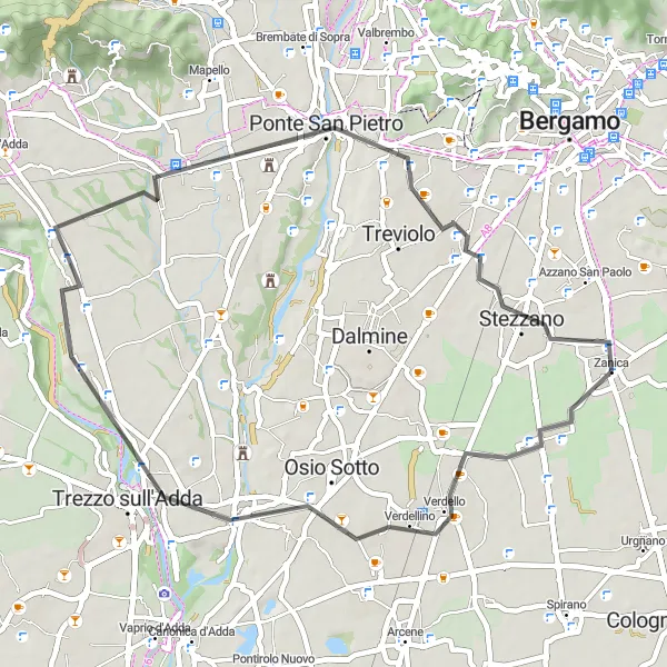 Miniatura della mappa di ispirazione al ciclismo "Breve giro in bicicletta da Zanica a Mozzo" nella regione di Lombardia, Italy. Generata da Tarmacs.app, pianificatore di rotte ciclistiche