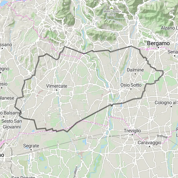 Zemljevid v pomanjšavi "Uživajte v izzivu cestnega kolesarjenja" kolesarske inspiracije v Lombardia, Italy. Generirano z načrtovalcem kolesarskih poti Tarmacs.app