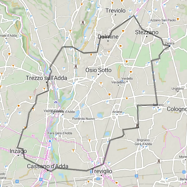 Kartminiatyr av "Zanica - Cassano d'Adda Loop" sykkelinspirasjon i Lombardia, Italy. Generert av Tarmacs.app sykkelrutoplanlegger