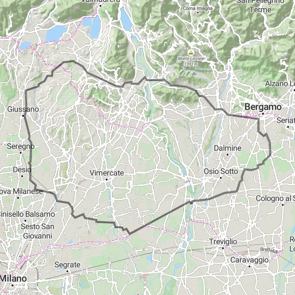 Map miniature of "Road Route through Lombardia" cycling inspiration in Lombardia, Italy. Generated by Tarmacs.app cycling route planner