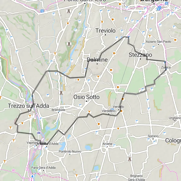 Kartminiatyr av "Zanica - Trezzo sull'Adda Loop" sykkelinspirasjon i Lombardia, Italy. Generert av Tarmacs.app sykkelrutoplanlegger