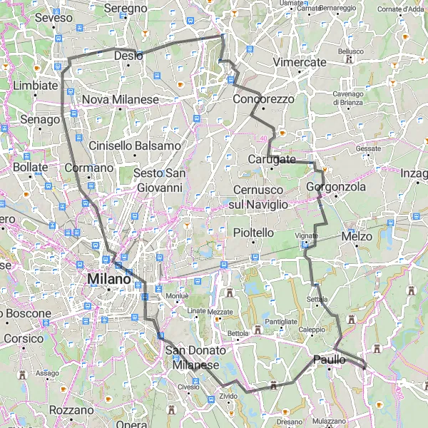 Miniature de la carte de l'inspiration cycliste "Aventure cycliste à la découverte de Milan et ses environs" dans la Lombardia, Italy. Générée par le planificateur d'itinéraire cycliste Tarmacs.app