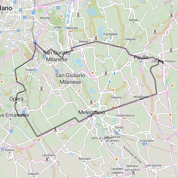 Zemljevid v pomanjšavi "Raziskovanje podeželja okoli Zelo Buon Persico" kolesarske inspiracije v Lombardia, Italy. Generirano z načrtovalcem kolesarskih poti Tarmacs.app