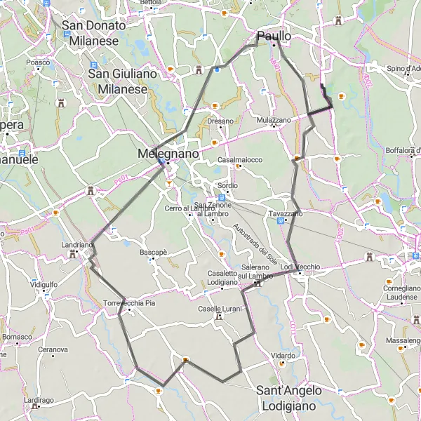 Miniatura della mappa di ispirazione al ciclismo "Tour in bici tra Zelo Buon Persico e Melegnano" nella regione di Lombardia, Italy. Generata da Tarmacs.app, pianificatore di rotte ciclistiche