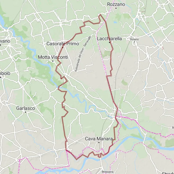 Miniaturní mapa "Gravelová cyklotrasa kolem Zibido San Giacomo" inspirace pro cyklisty v oblasti Lombardia, Italy. Vytvořeno pomocí plánovače tras Tarmacs.app