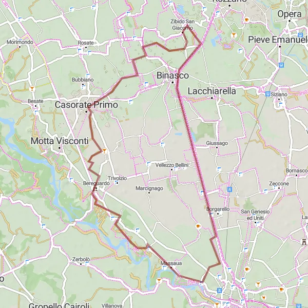 Mapa miniatúra "Gravelový okruh cez Casarile a Bereguardo" cyklistická inšpirácia v Lombardia, Italy. Vygenerované cyklistickým plánovačom trás Tarmacs.app